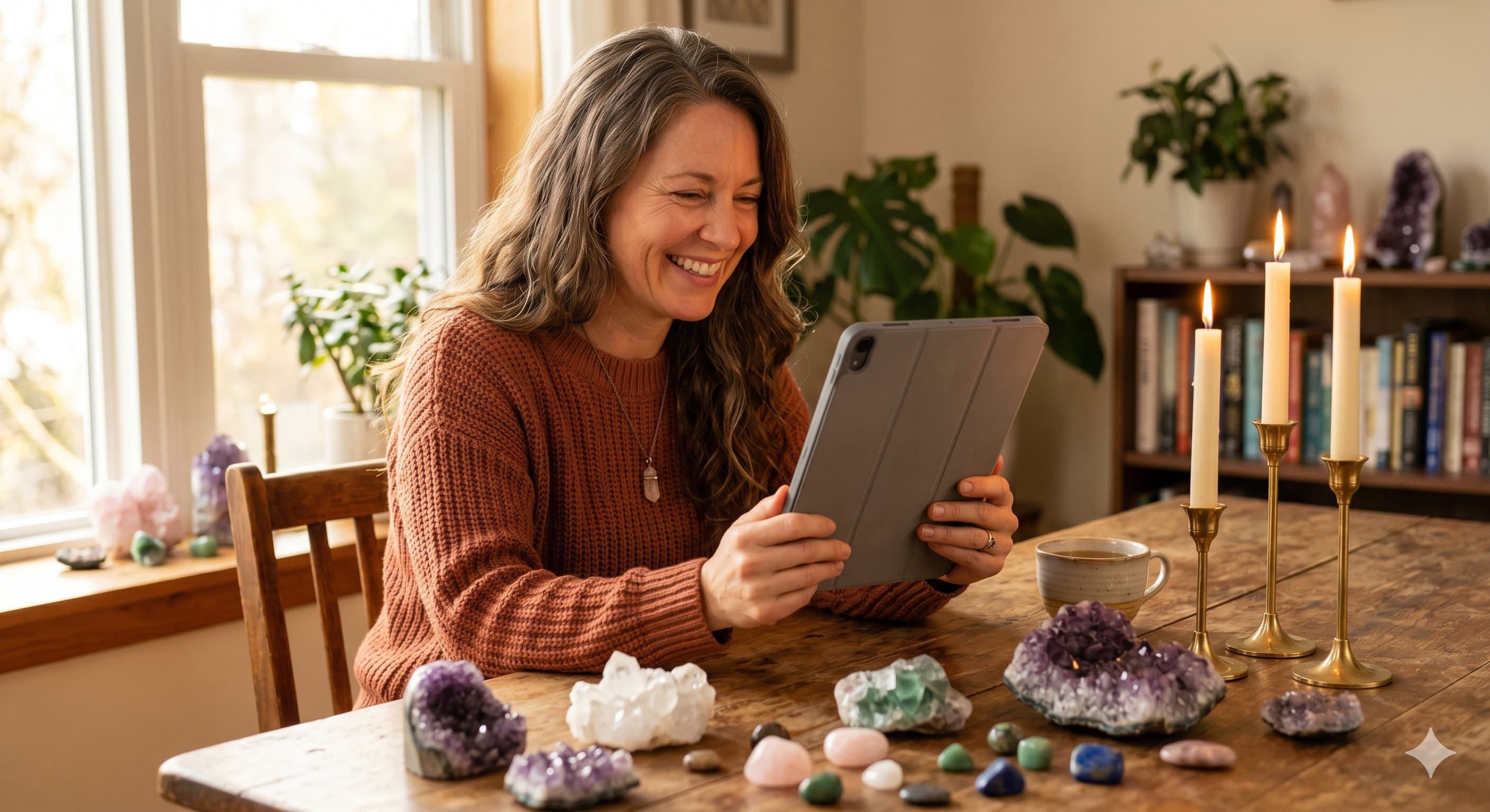 Woman on FaceTime video call for a psychic reading -- Rita offers FaceTime readings on Apple devices