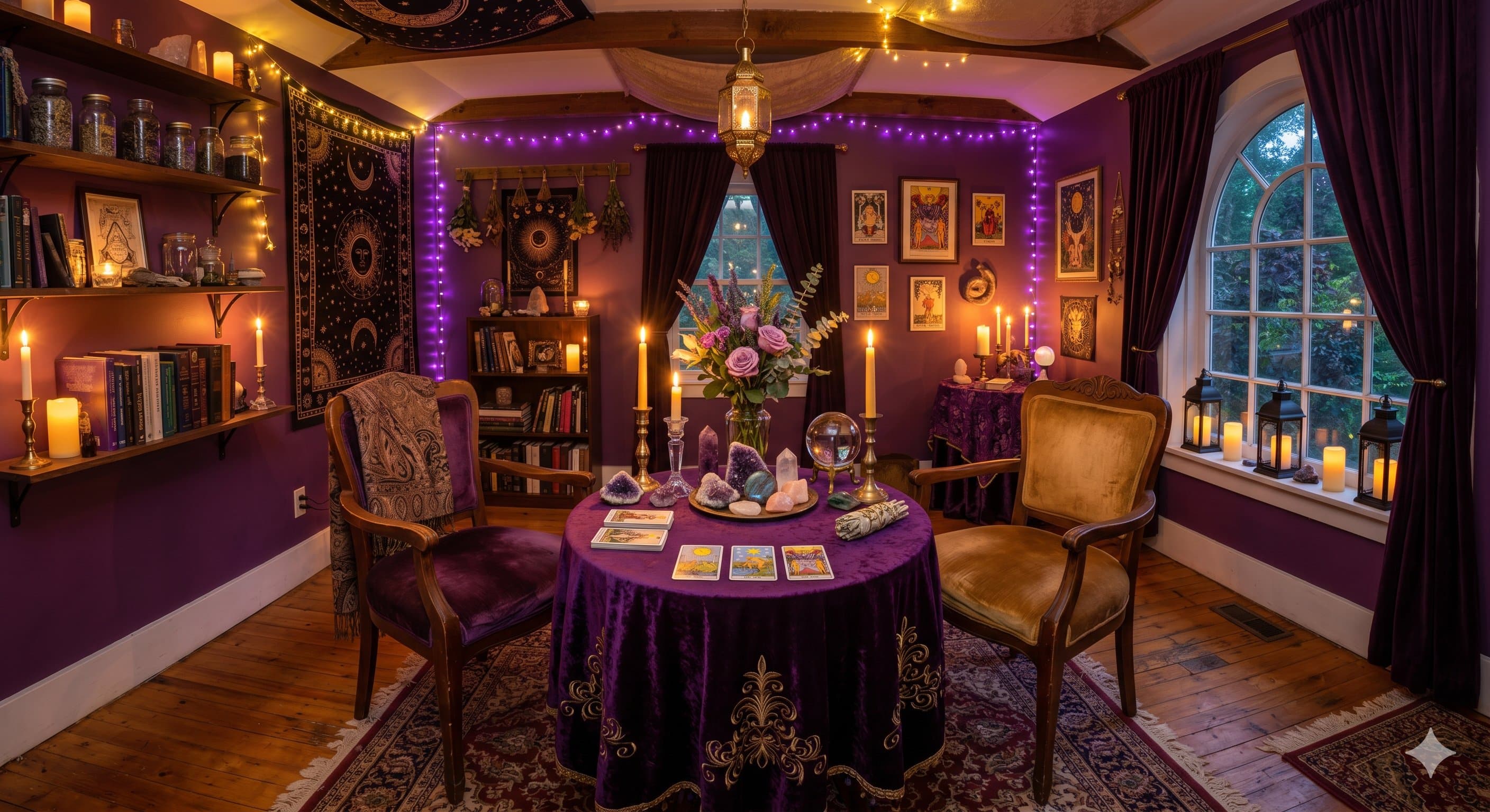 Intimate psychic reading room in Spring Branch Houston TX with crystals tarot cards and candles